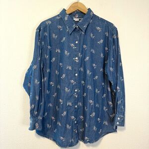 Vintage 90s Y2K Cherokee Floral Print Denim Button Down Top Size XXL